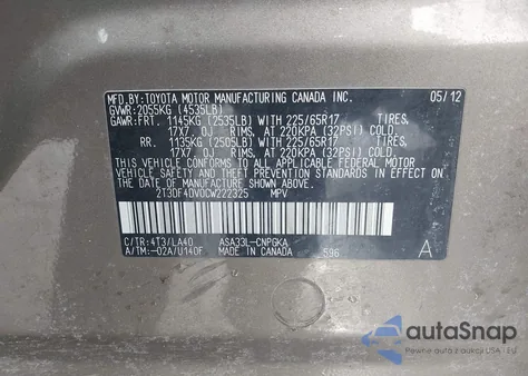 2012 Toyota Rav4 Limited z USA, uszkodzony, nr VIN 2T3DF4DV0CW222325